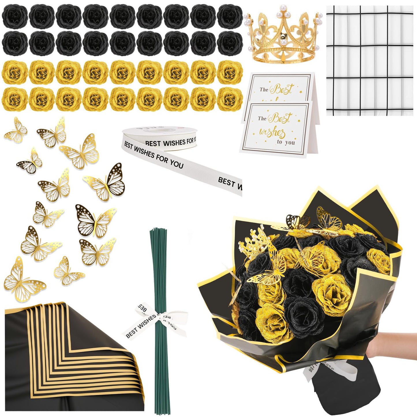 Ovveroche 36 PCS Glitter Roses Bouquet Kit, Black, Gold Sparkling Flower Arrangement with Stems, Butterflies, Crown, Wrapping Paper, Card, Ribbon for Wedding, Graduate, Birthday, DIY Crafts