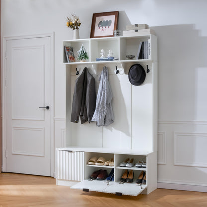 KEIKI 5-in-1 Hall Tree with Bench, Shoe Storage & 3 Open Storage Cabinets, Multi-Functionale Farmhouse Hall Tree with High Gloss Fluted Doors for Hallway Living Room, White