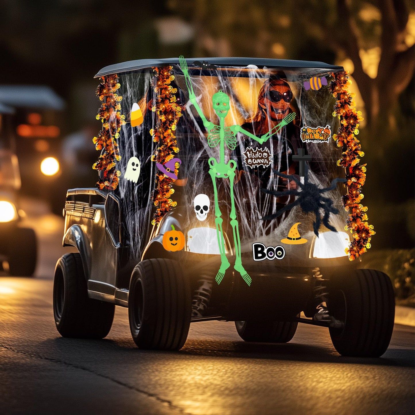 Suncalla Halloween Golf Cart Decoration Kit-Halloween Car Decorations-Skeleton Glow in Dark, Fake Spider Web, Spider, Purple Garland, Sticker for Trunk or Treat Parade Indoor Outdoor Golf Cart Party