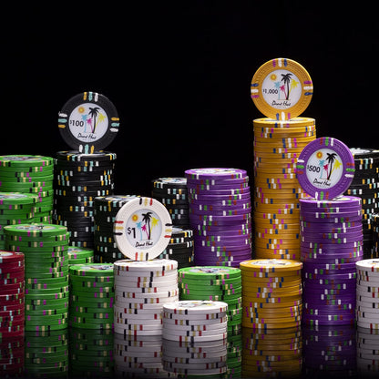 Desert Heat Poker Chips Set - 1000 Heavyweight (13.5-Gram) Clay Composite Chips, Playing Cards, Dice, Dealer Button, & Aluminum Case - Professional Casino Supplies, Kits, Holders, & Storage Container