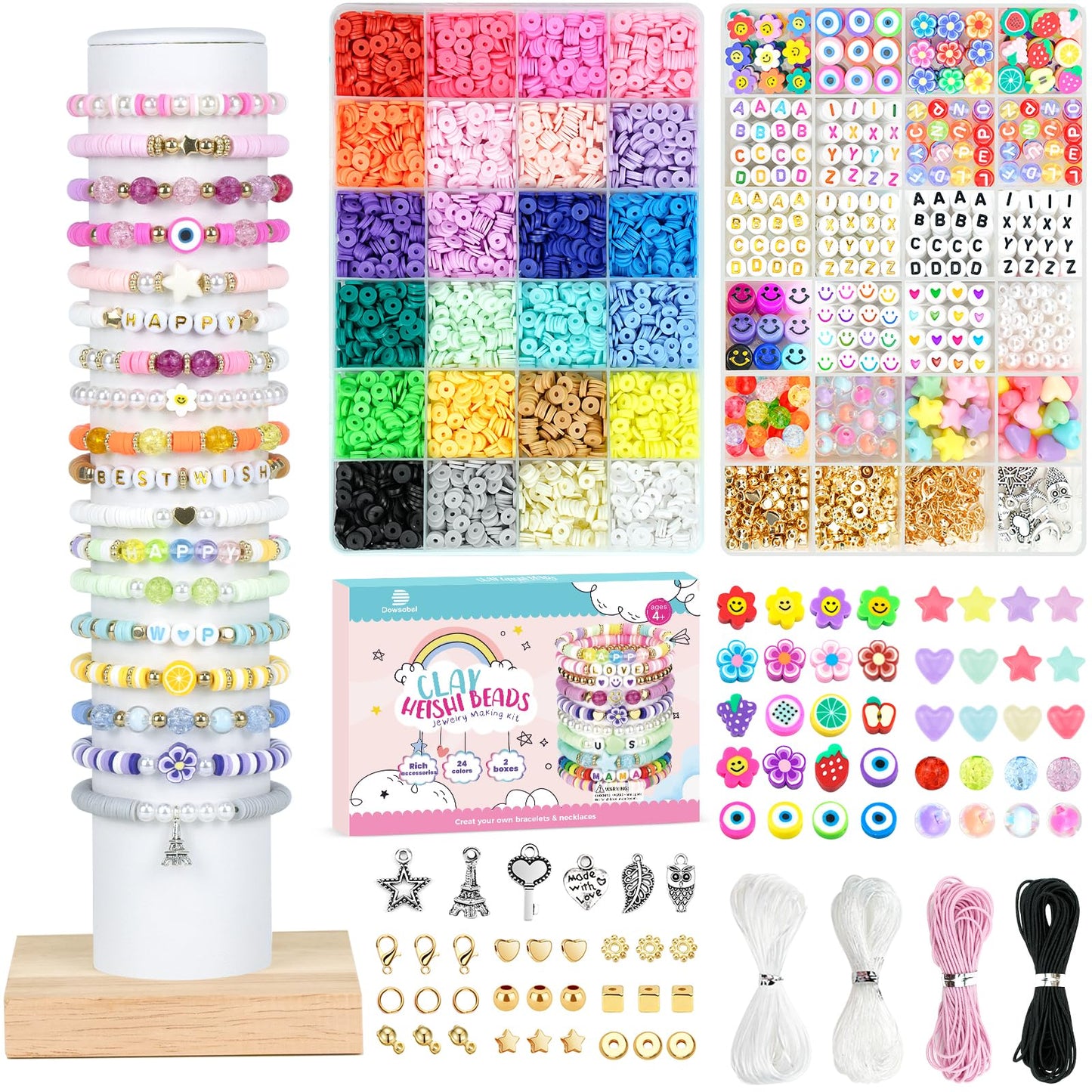 Dowsabel Clay Beads 7500 Pcs Friendship Bracelet Making Kit,2 Boxes 24 Colors Polymer Heishi Beads with Letter Beads for Jewelry Making, DIY Arts and Crafts Gifts Toys for Girls Age 4+