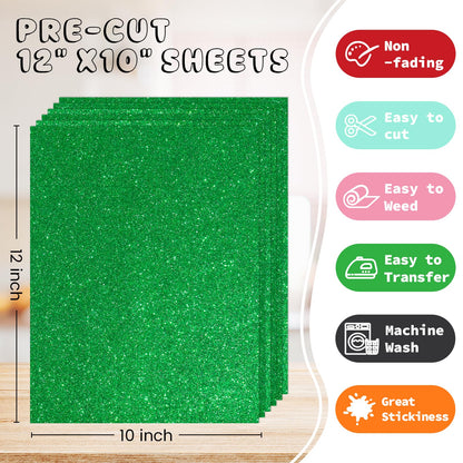Yiwloer 3D Puff Glitter HTV, 6-Pack 12"x10" Sheets. Iron-On Vinyl for Fabrics, Compatible with Cricut & Cameo for Easy DIY T-Shirts & Crafts(Green Glitter Puff, 12" x 10")
