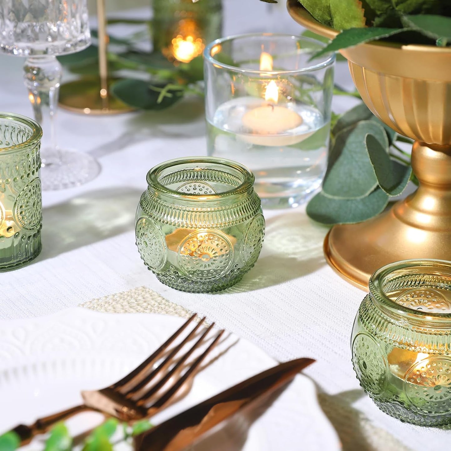 12pcs Assorted Green Votive Candle Holders for Wedding Table Decorations, Glass Tea Lights Candle Holder for Bridal