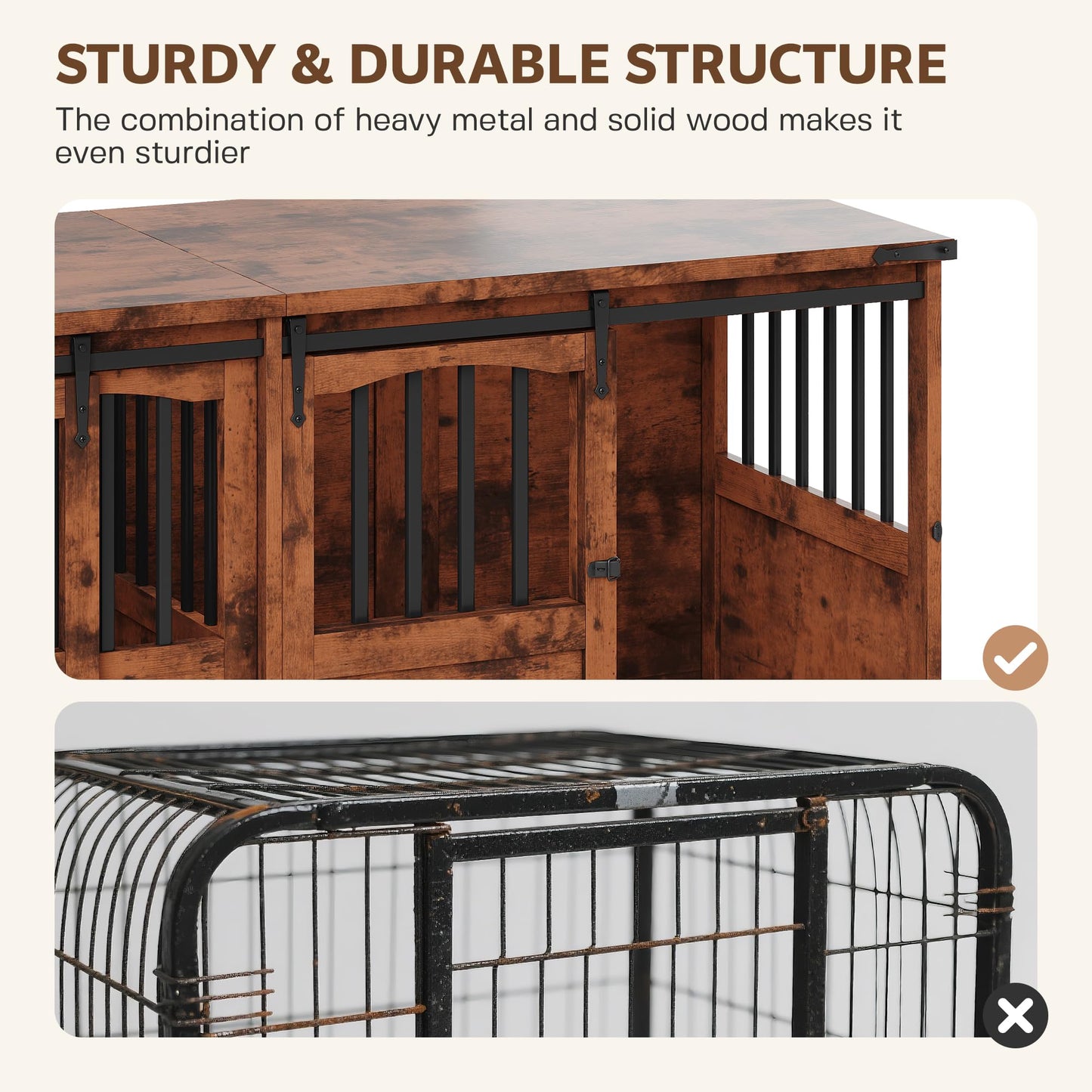 Homiflex Double Dog Crate Furniture with Barn Sliding Doors, 72" Large Dog Kennel Furniture Indoor with Divider for 2 Medium Large Dogs, Heavy Duty Wooden Dog Cage Decorative TV Stand, Brown