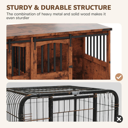 Homiflex Double Dog Crate Furniture with Barn Sliding Doors, 72" Large Dog Kennel Furniture Indoor with Divider for 2 Medium Large Dogs, Heavy Duty Wooden Dog Cage Decorative TV Stand, Brown