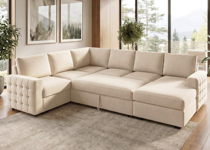 HONBAY Sectional Sleeper Sofa with Pull-Out Bed Storage Chaise, 6 Seaters Couch for Living Room, Beige