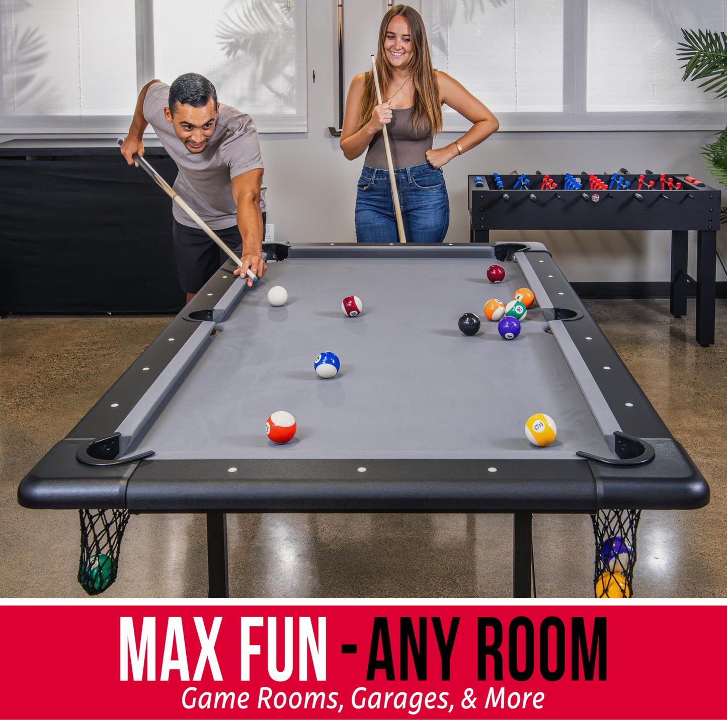GoSports 6 ft Foldable Pool Table - Portable Billiards Table with Accessories - Black with Gray Felt