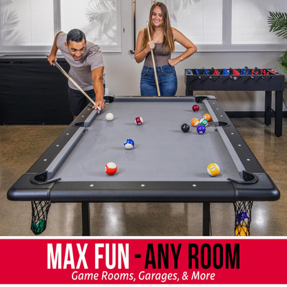 GoSports 6 ft Foldable Pool Table - Portable Billiards Table with Accessories - Black with Gray Felt
