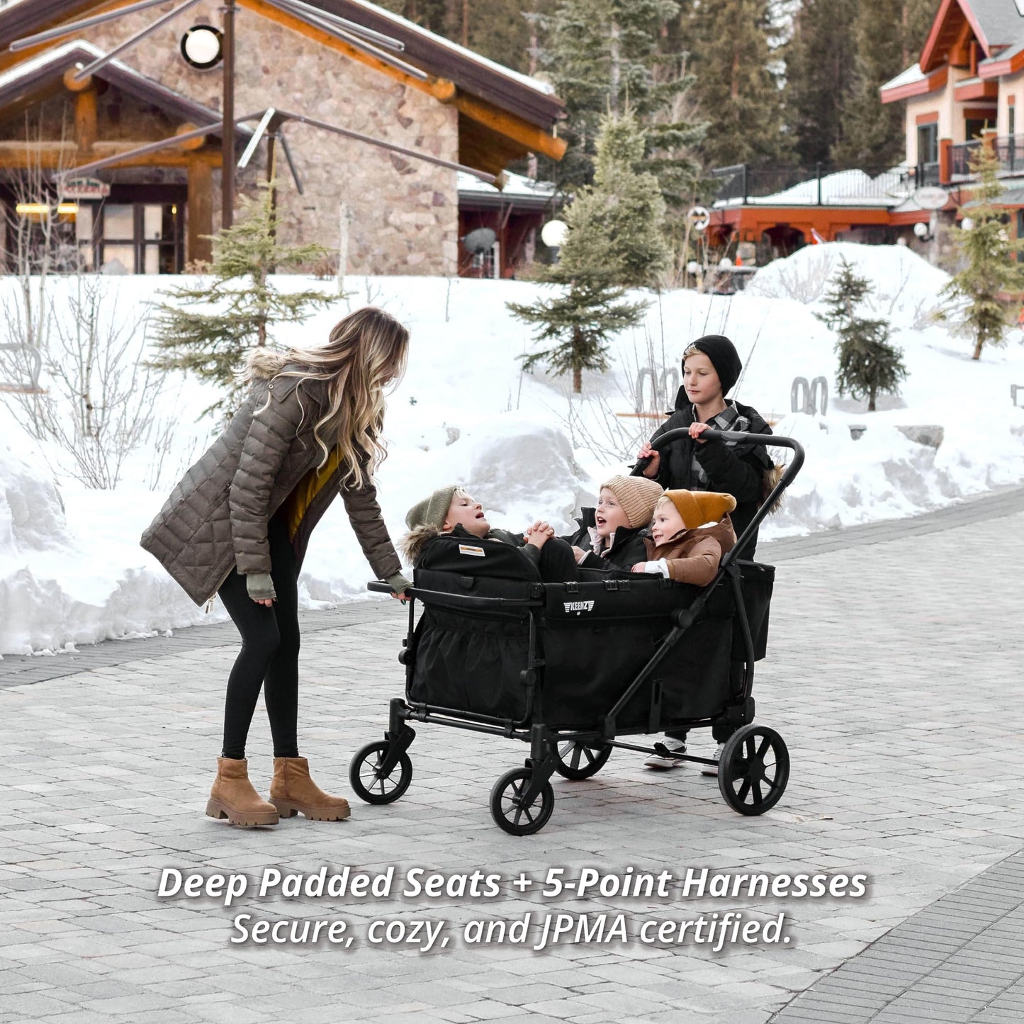 Keenz Viva 4-Passenger Compact Stroller Wagon for Kids with Foldable Frame, Push/Pull Handle, EVA Wheels, and Mosquito Net Canopy – Lightweight Wagon for Families, Black