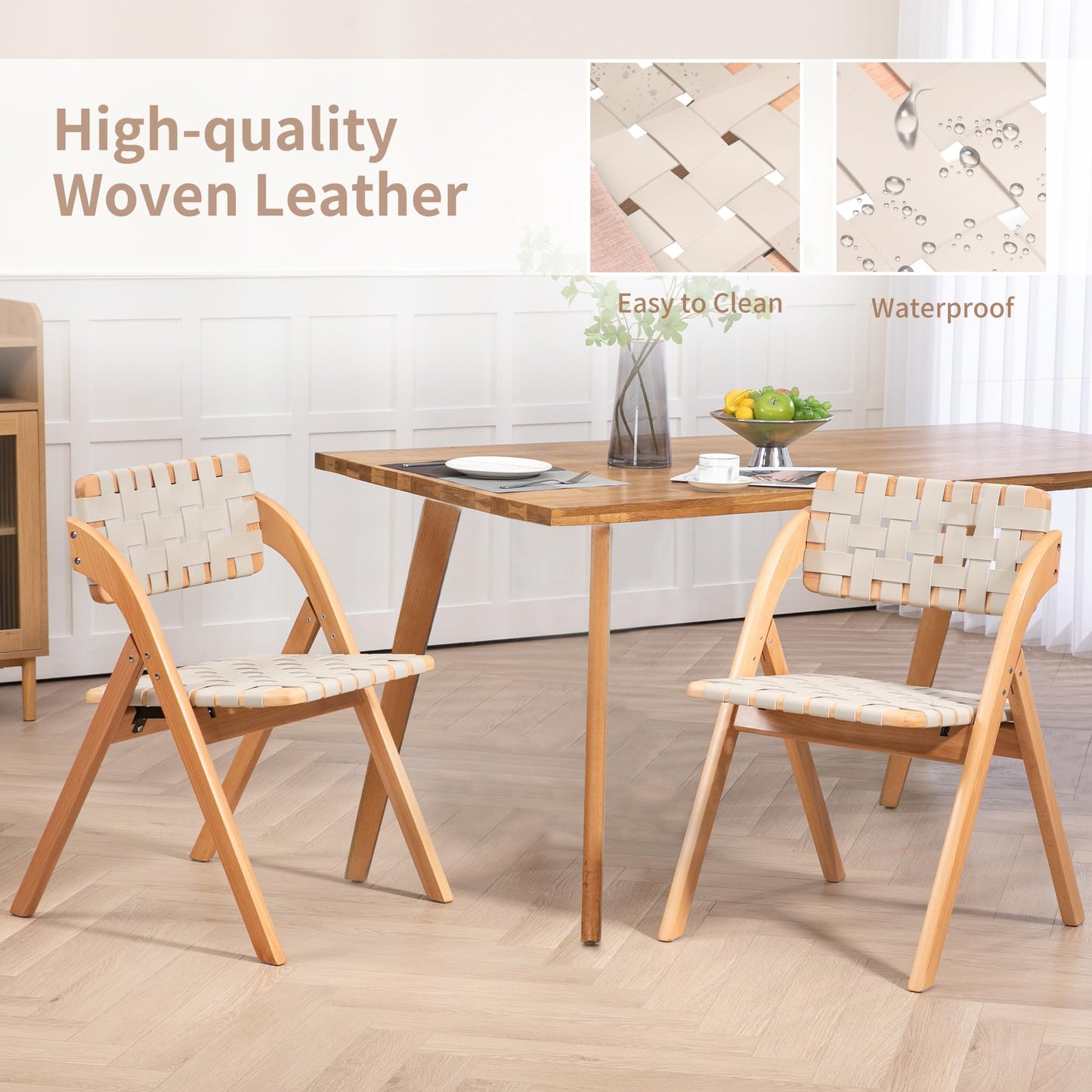HOMEFUN Folding Dining Chairs Set of 2, Wooden Foldable Chair with Leather-Woven Backrest and Widened Seat Extra for Guests Kitchen Office Wedding Picnic Ivory-White