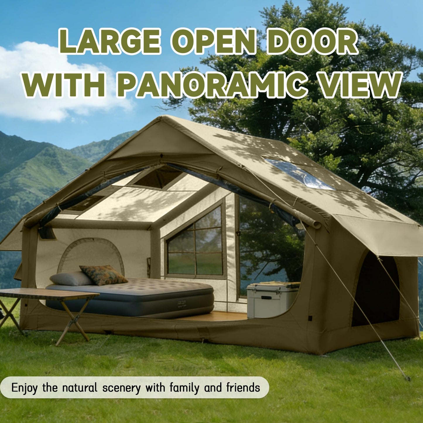 AORZCOR Inflatable Camping Tent with Stove Jack, 2-4 Person, Glamping Tents House, Easy Setup Tent for 4 Seasons, Waterproof Inflatable Hot Tent (Green)