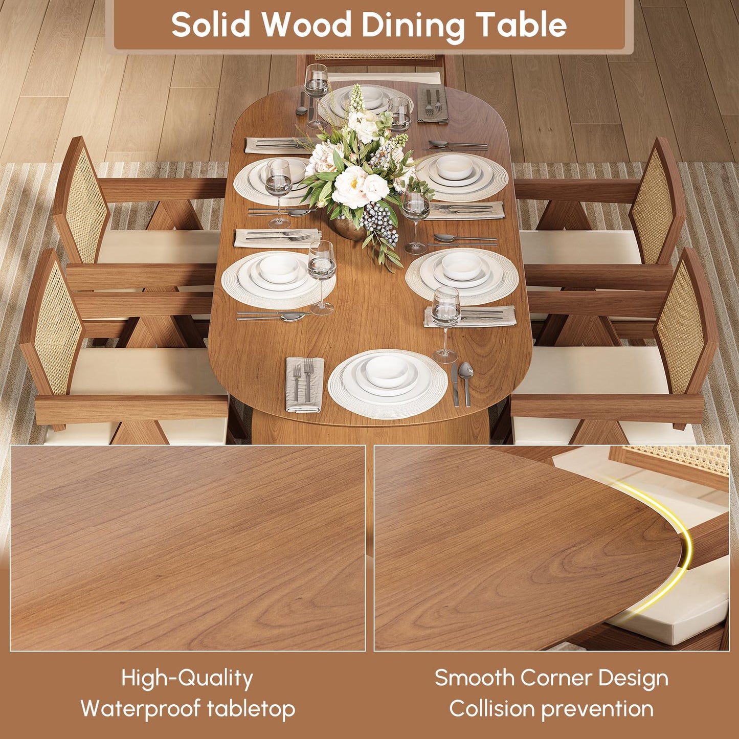 homary Japandi Oval Dining Table for 6, 70.9" Solid Pine Wood Kitchen Table, Modern Mid Century Minimalist Kitchen & Dining Room Table, Double Pedestal Base, Walnut