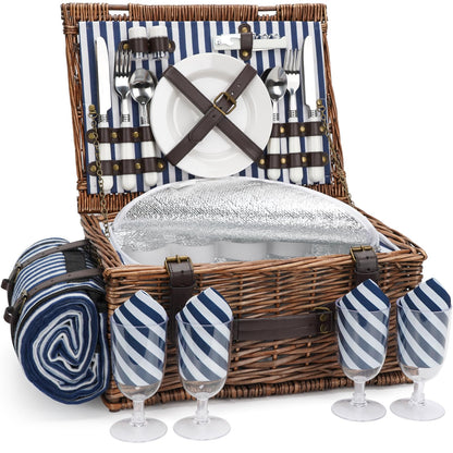 Picnic Basket for 4 Persons - Baskets with Cooler and Picnic Blanket, Classical Wicker Picnic Basket with Waterproof & Sand-Proof Beach Mat,Willow Hamper Service Gift Set