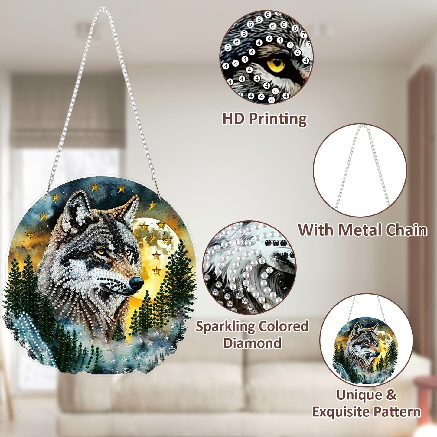 SENQAO Hanging Diamond Art Painting Kits for Adults Beginners, 5D Special Shape Diamond Art Kits, Wolf Crystal Rhinestones Diamond Gem Art Painting for Home Garden Wall Decor