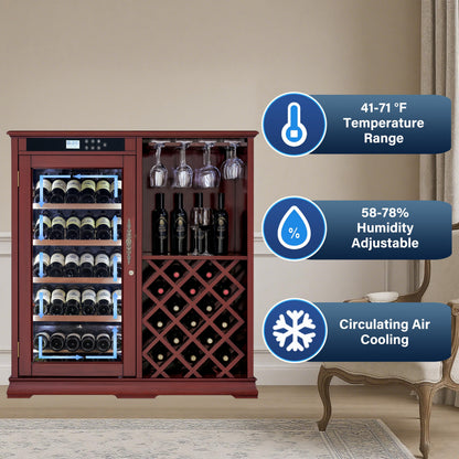 KEIKI Freestanding Wine Refrigerator with Wood Cabinet, 69 Bottle Single Zone Wine Cooler, Humidity Control Tempered Glass Door, LED Light Lockable Pull-Out Shelves, for Home Bar Kitchen, Cherry
