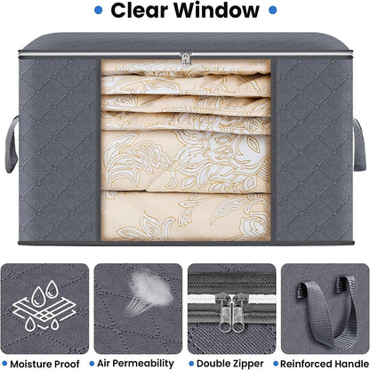 Skiennix Large Clothes Storage Bags - 4 Pack Foldable Organizers with Clear Window for Blankets & Seasonal Clothing | Gray