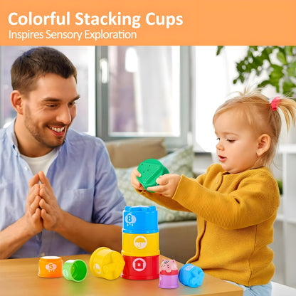 MOONTOY Stacking Cups Baby Toys 6 10 12 18 Months, Montessori Toys for 1 Year Old Toddler Learning Toy with Numbers Shapes Patterns, Baby Bath Toy 6-12 Months, Gifts for 1 2 3 Year Old Boys Girls