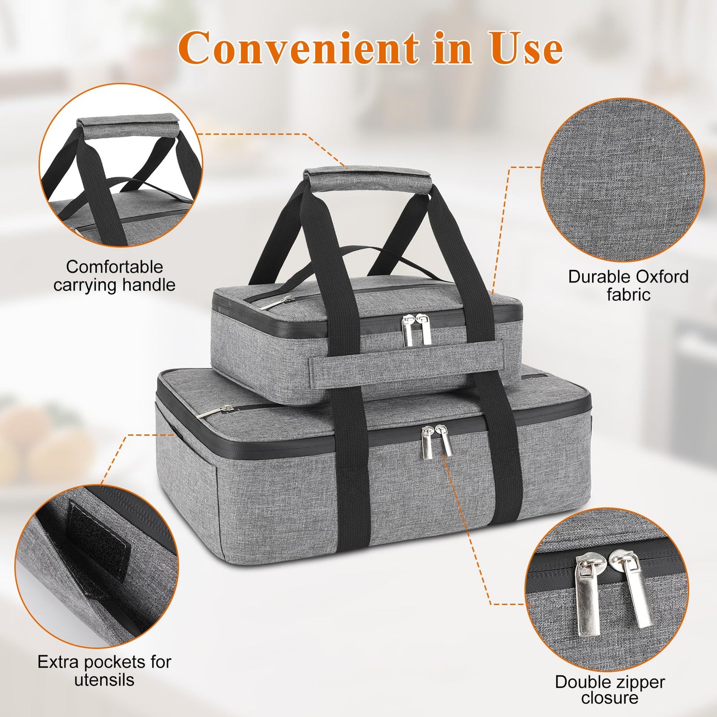 Wakaye Insulated Casserole Carrier for Hot or Cold Food, Fits 8"-15" Baking Dish，Thermal Food Carrier Bag, Lasagna Lugger Tote for Potluck Parties/Picnic/Cookouts/Lunch, Grey，2 Pack