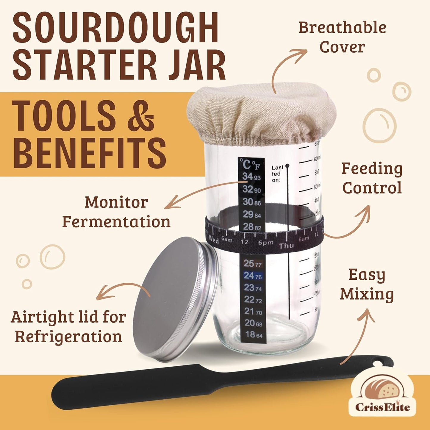 24oz 9 10 Set, Sourdough Starter Kit Complete Sourdough Bread Baking Supplies with Glass Sourdough Starter Jar, Round