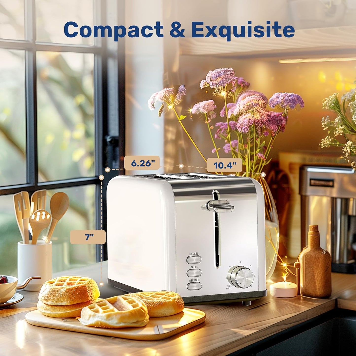 YSSOA 2-Slice Toaster - White, 6 Browning Settings, 3 Functions, Extra Wide Slot & Removable Crumb Tray for Bread &