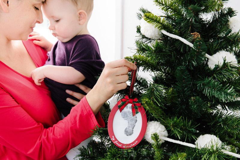 Pearhead Babyprints Double-Sided Christmas Ornament, First Holiday Keepsake Frame with Clean-Touch Ink Pad, Newborn Handprint Footprint Kit, Infant Photo Decoration, Red