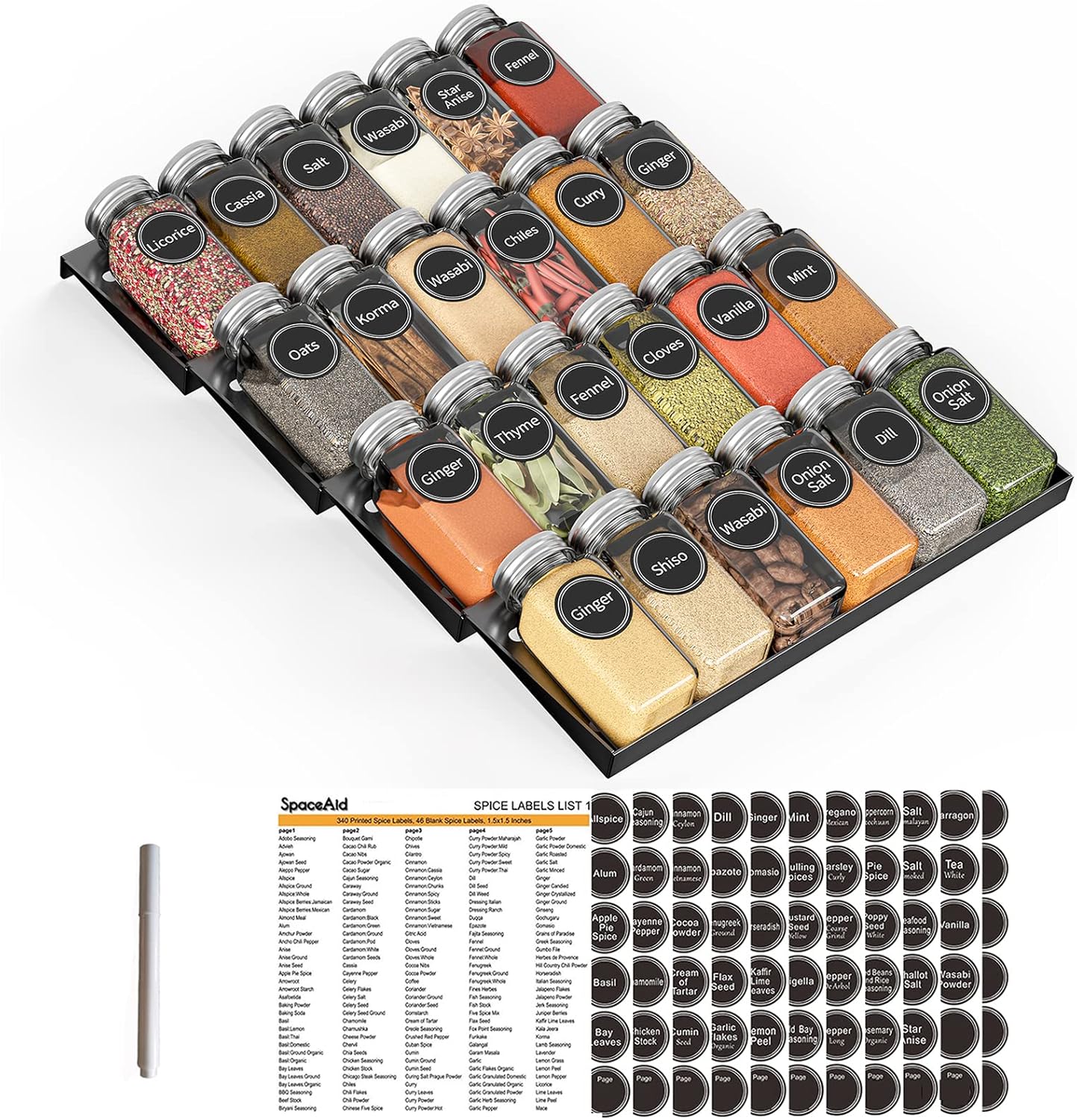 24 386 4 11.25" 17.5" SpaceAid Spice Drawer Organizer with Spice Jars, Spice Labels, Tier Seasoning Rack Tray Insert