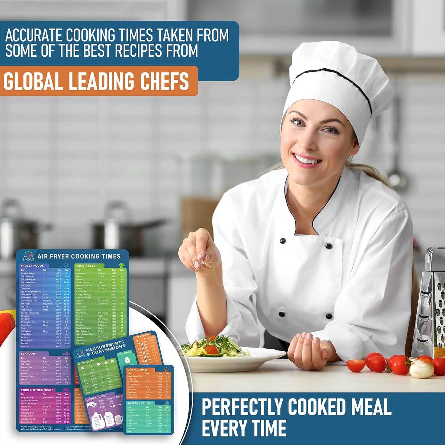 Air Fryer Magnetic Cheat Sheet Set by Linda’s Essentials - Quick Reference Guide for Cooking Times & Kitchen Conversions