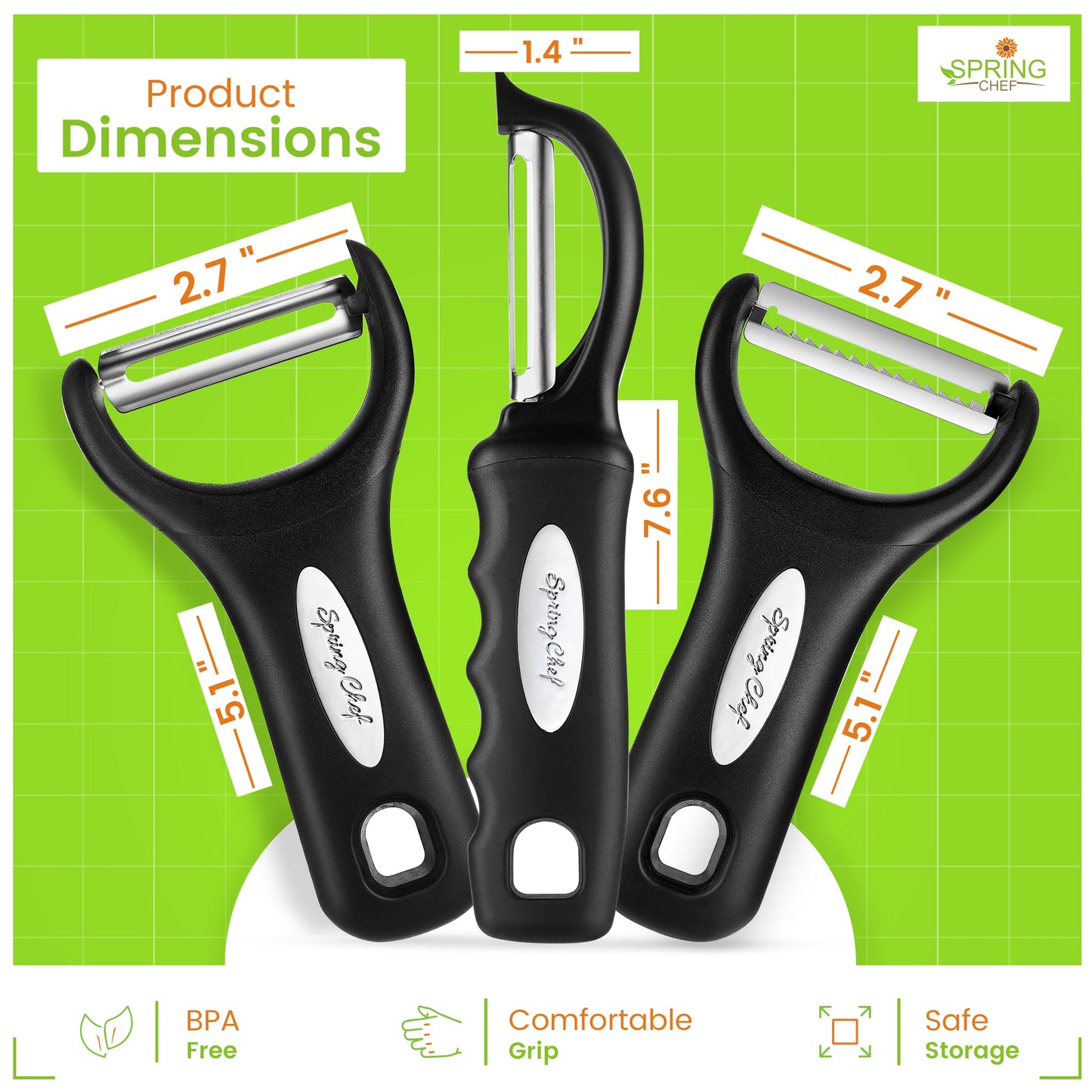 Spring Chef Vegetable Peelers for Kitchen - Stainless Steel Swivel, Y & Julienne Peelers, Potato Peelers with Soft Grip Handles, Kitchen Utensils Set of 3 for Fruits, Veggies, Apples, Carrots