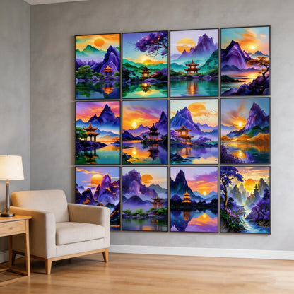 ZSWLLHP 12-Pack Asian Landscape Diamond Painting Kits, Full Round Drill 5D Purple Mountain Pagoda Scenery Diamond Art Sets for Adults, DIY Handmade Gem Paintings for Home Office Wall Art Decor