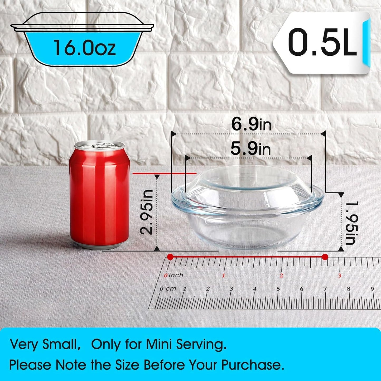 Mini 0.5 Liter Glass Casserole Dish with Glass Lid - Round Oven Safe Bakeware with Handles