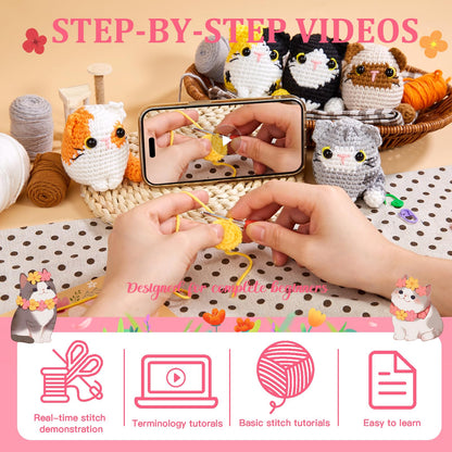 MAGIMUSE Crochet Kit for Beginners, Beginner Crochet Kit with Step-by-Step Video Tutorials, DIY Crochet Animal Kits Amigurumi Craft Knitting Supplies, 5 Pack Cats (40%+ Yarn)