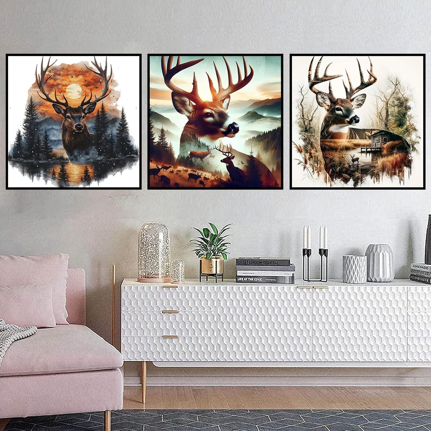 Xylogist 3 Packs Deer Diamond Art Kits for Adults,Deer Diamond Paintings Kits for Beginners,5D Diamonds Art Dot, Round Full Drill Diamonds Gem Craft Kit Home Wall Decor Gifts 13.8x13.8 Inches