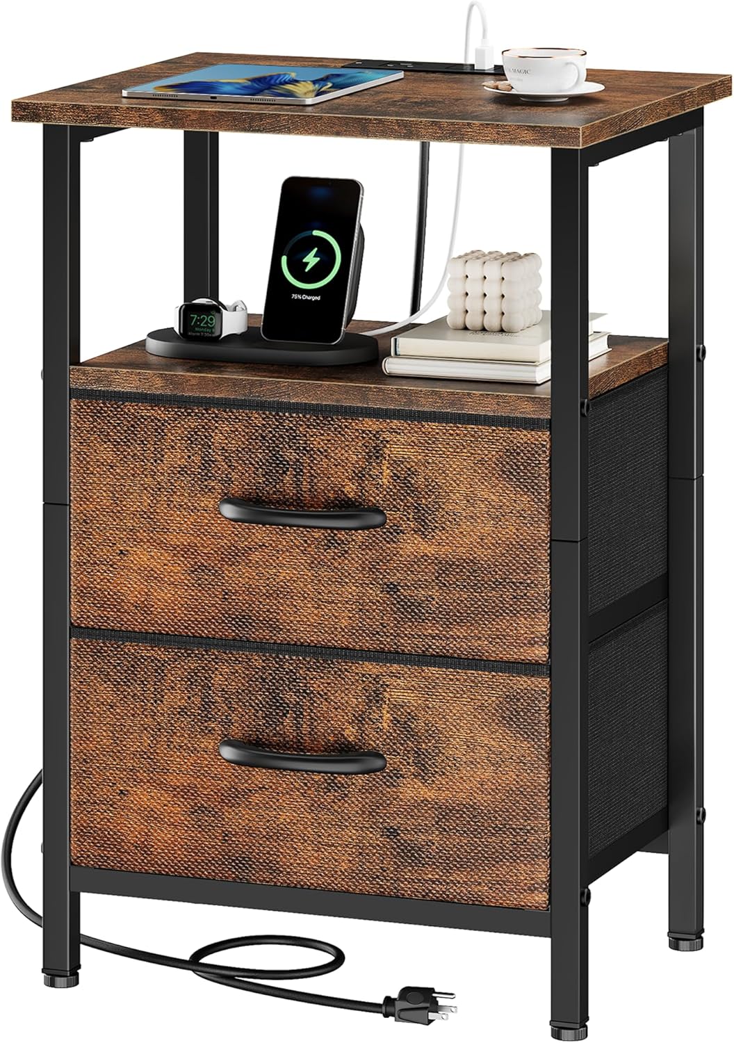 24.2" Vagusicc Nightstand with Charging Station, Small Night Stand with Fabric Drawers for Bedroom, End Table, Bedside