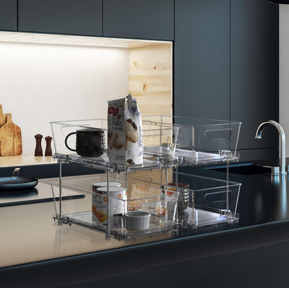 Simple Houseware 2 Tier Basket Drawer Cabinet Pull-Out Organizer, 2 Pack, Clear