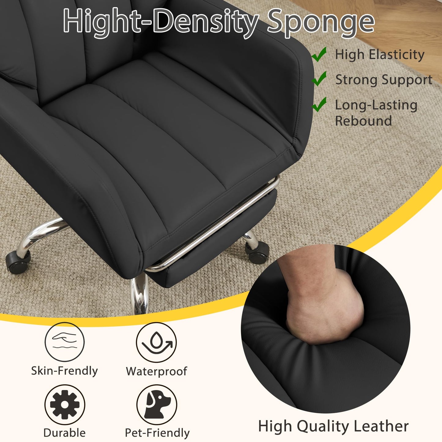 Ergonomic Cloud Cross Legged Office Chair with Footrest,Leather Big and Tall Executive Chair with Wheels,Reversible Armrest,155° Reclining Computer Wide Desk Chair for Home,Office (Black)