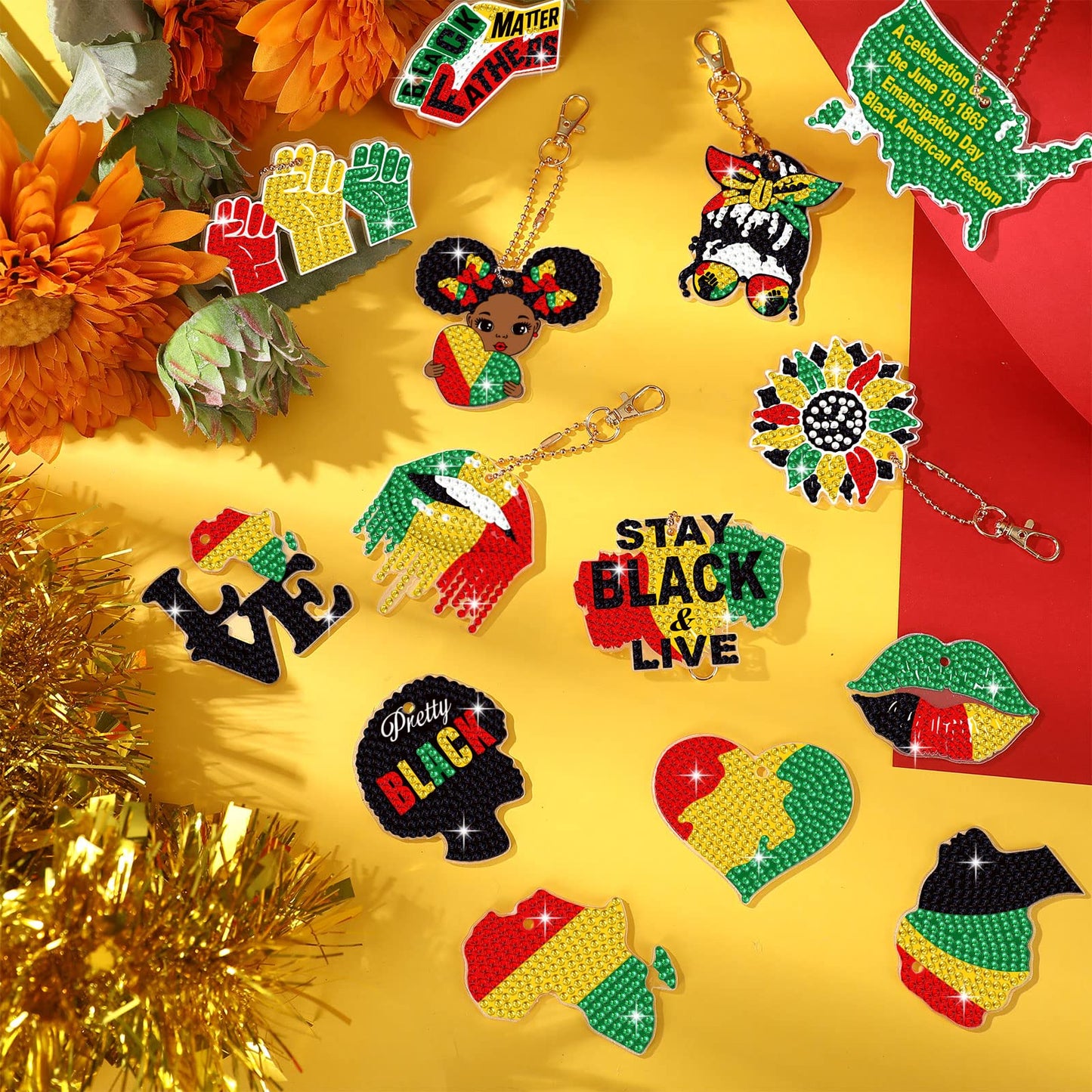 Estune 15 Pcs Juneteenth Diamond Painting Keychains African American Freedom Keychain Craft Diamond Art 1865 5d Independence Party Decoration Gifts Happy 19th of June DIY Activities for Women