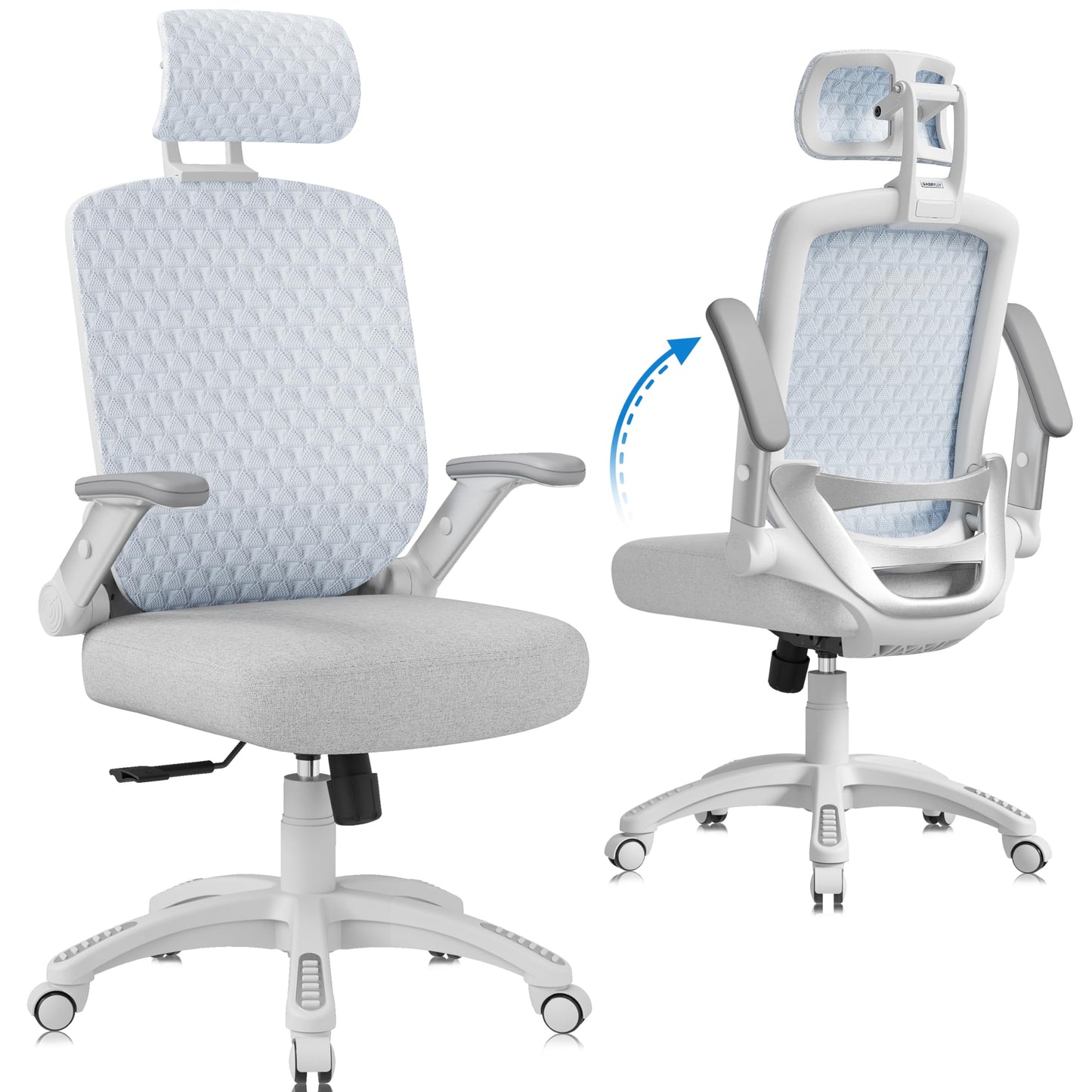 GABRYLLY Ergonomic Office Chair, High Back Home Desk Chair with Flip-Up Arms, 3D Headrest, Thick Sponge Seat &90-120° Recline, Big and Tall Mesh Executive Chairs for Man Woman, Glacier Flow