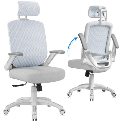 GABRYLLY Ergonomic Office Chair, High Back Home Desk Chair with Flip-Up Arms, 3D Headrest, Thick Sponge Seat &90-120° Recline, Big and Tall Mesh Executive Chairs for Man Woman, Glacier Flow