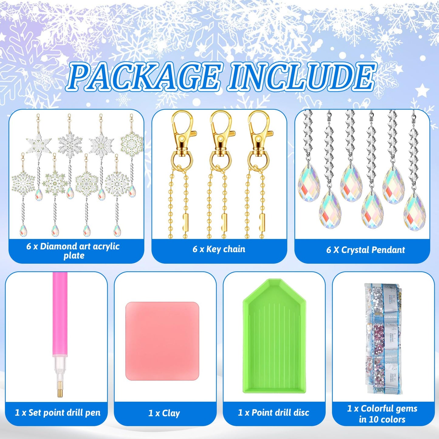 Geetery 8 Pcs Winter Diamond Art Painting Wind Chime Snowflake Diamond Art Suncatcher Kits Double Sided Art Kits with Crystal Pendant Hanging Ornament for Adults Home Decor