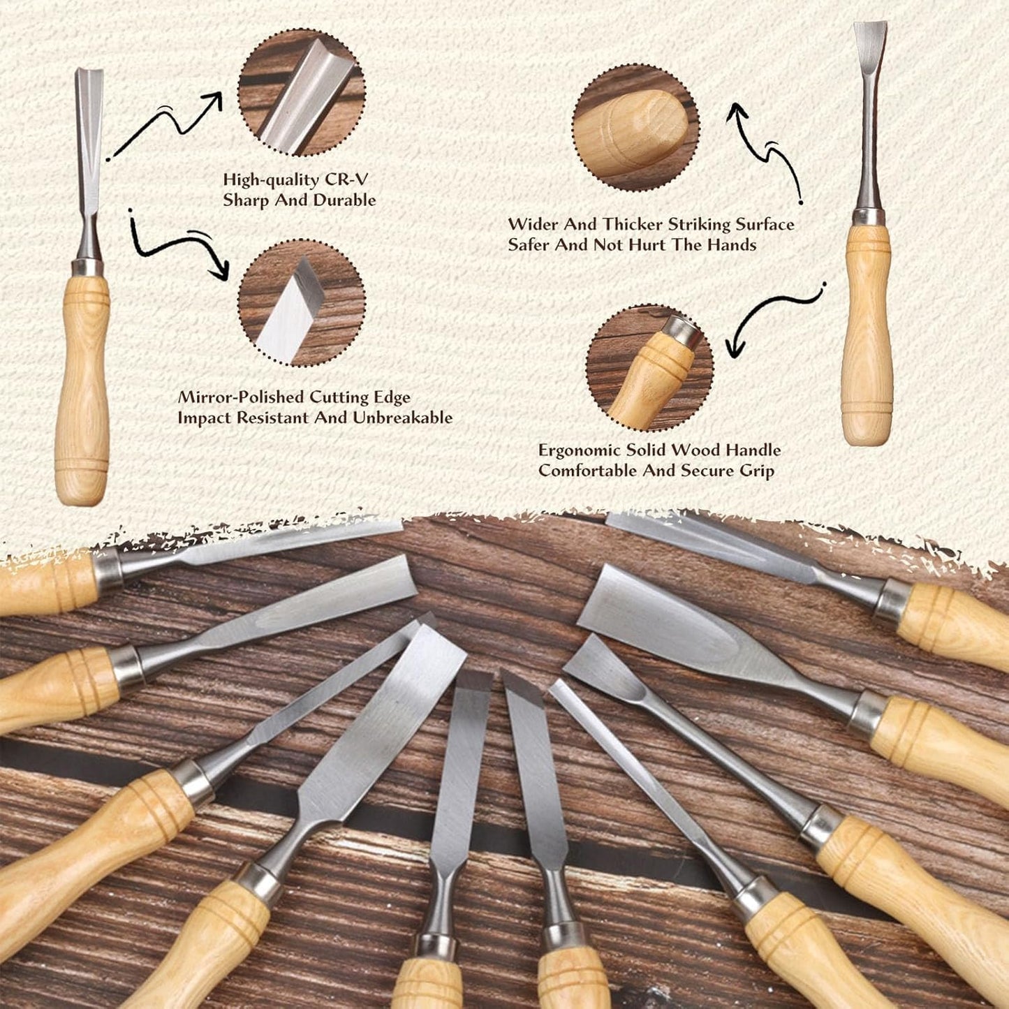 12Pcs Wood Carving Tools Set with 60Cr-V Steel Blades & Premium Wooden Gift Box - Wood Chisel Sets for Woodworking Beginners and Professionals