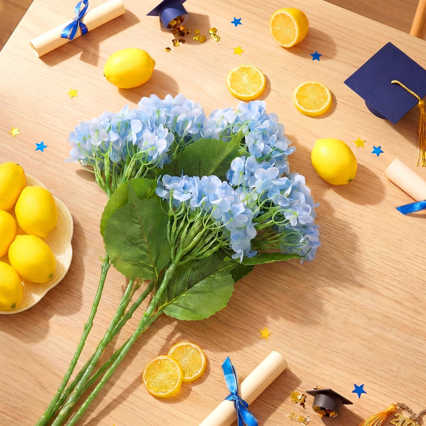 Suncalla 25 Pcs Lemon Vase Filler Decorations Kit, Artificial Lemon Blue Hydrangea Table Centerpiece, Long Stem Floral Decor for Farmhouse Home Kitchen Wedding Spring Summer Decoration