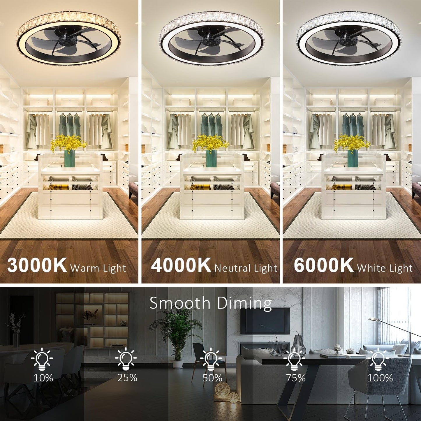 Aipsun Low Profile Modern Crystal Chandelier Ceiling Fans with Lights and Remote, 3000K-6500K Smart Bladeless LED Fan Light, 22" Black Modern Ceiling Fans with Lights for Bedroom