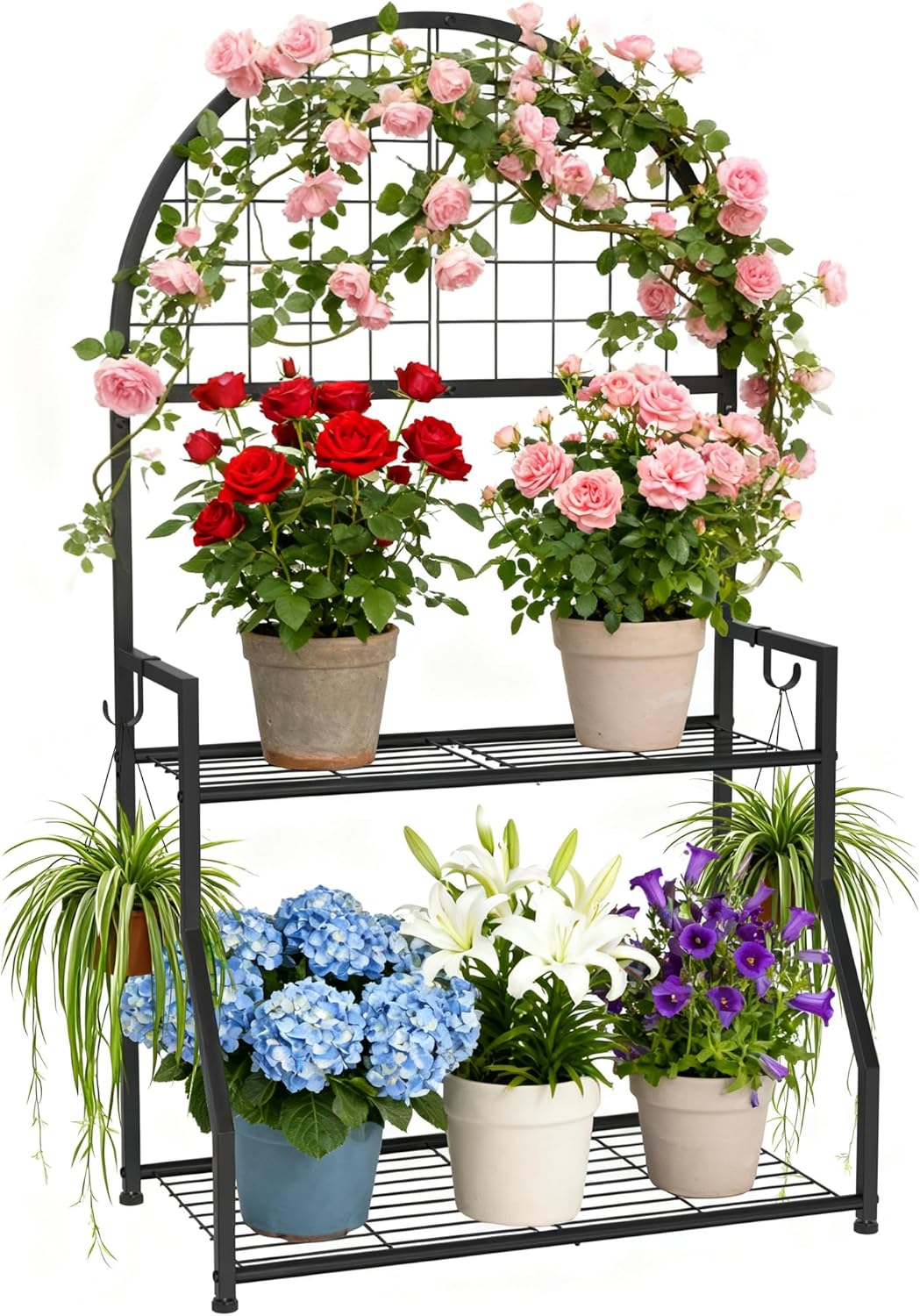 2 VGMiu Tier Plant Stand Indoor Outdoor, Metal Plant Display Stand Plants Shelf Rack for Multiple Plants, Black Flower