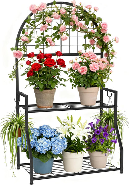 2 VGMiu Tier Plant Stand Indoor Outdoor, Metal Plant Display Stand Plants Shelf Rack for Multiple Plants, Black Flower