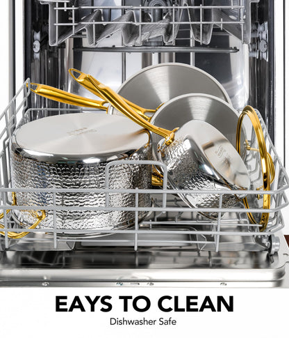 Michelangelo Triply Stainless Steel Pots and Pans Set, 10-Piece Hammered Stainless Steel Cookware Set with Golden Handle, Premium Induction Kitchen Cookware, Oven Safe