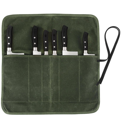 JOINDO Knife Roll Bag, Chef’s Knife Roll Bag, Heavy Duty Chef Knife Roll Bag with 6 Slots, Waxed Canvas Knife Bag Roll, Knife Pouch Holder for Home, Kitchen, Grill (green)