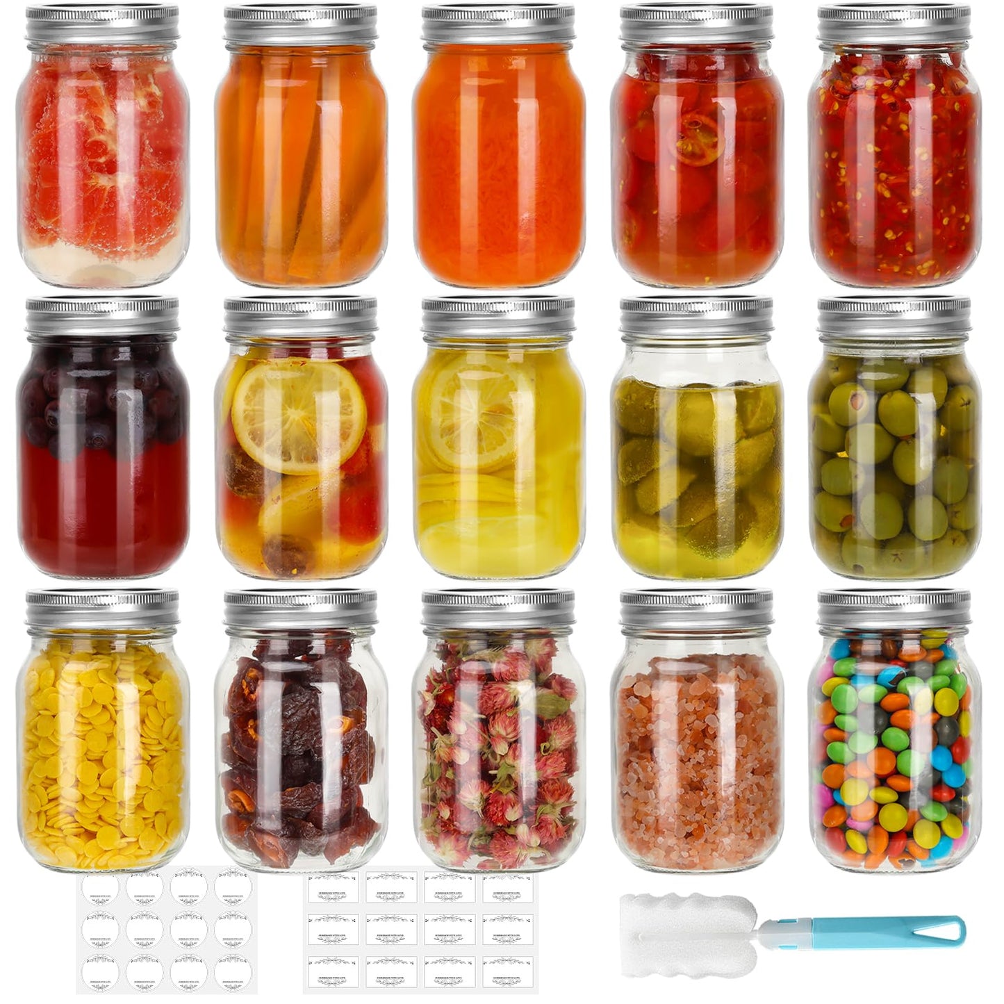 CycleMore 16 oz Mason Jars With Airtight Lids and Brands 15 Pack Glass Canning Jars with Regular Mouth, Pint Clear Glass Jar For DIY Projects, Food Storage and Fermenting with Brush & 24 Labels