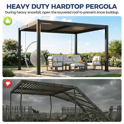 10' x 12' Louvered Pergola, Outdoor Pergola with Metal Adjustable Louvered Roof & Gutter System, Hardtop Patio Gazebo for Backyard, Patio, Garden, Dark Gray