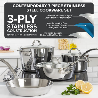 Viking Contemporary 3-Ply Pots and Pans Set, 7 Piece Stainless Steel Kitchen Cookware, Silver