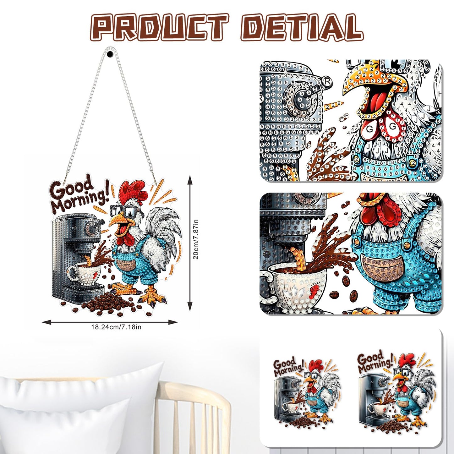 KEYIFA Coffee Diamond Art Hanging Kits with Chain, Special Shaped Drill Diamond Painting Pendant, Rooster Crystal Gem Art Pendant 5D Window Crafts for Wall Garden Door Decor (Width 7.9 in)
